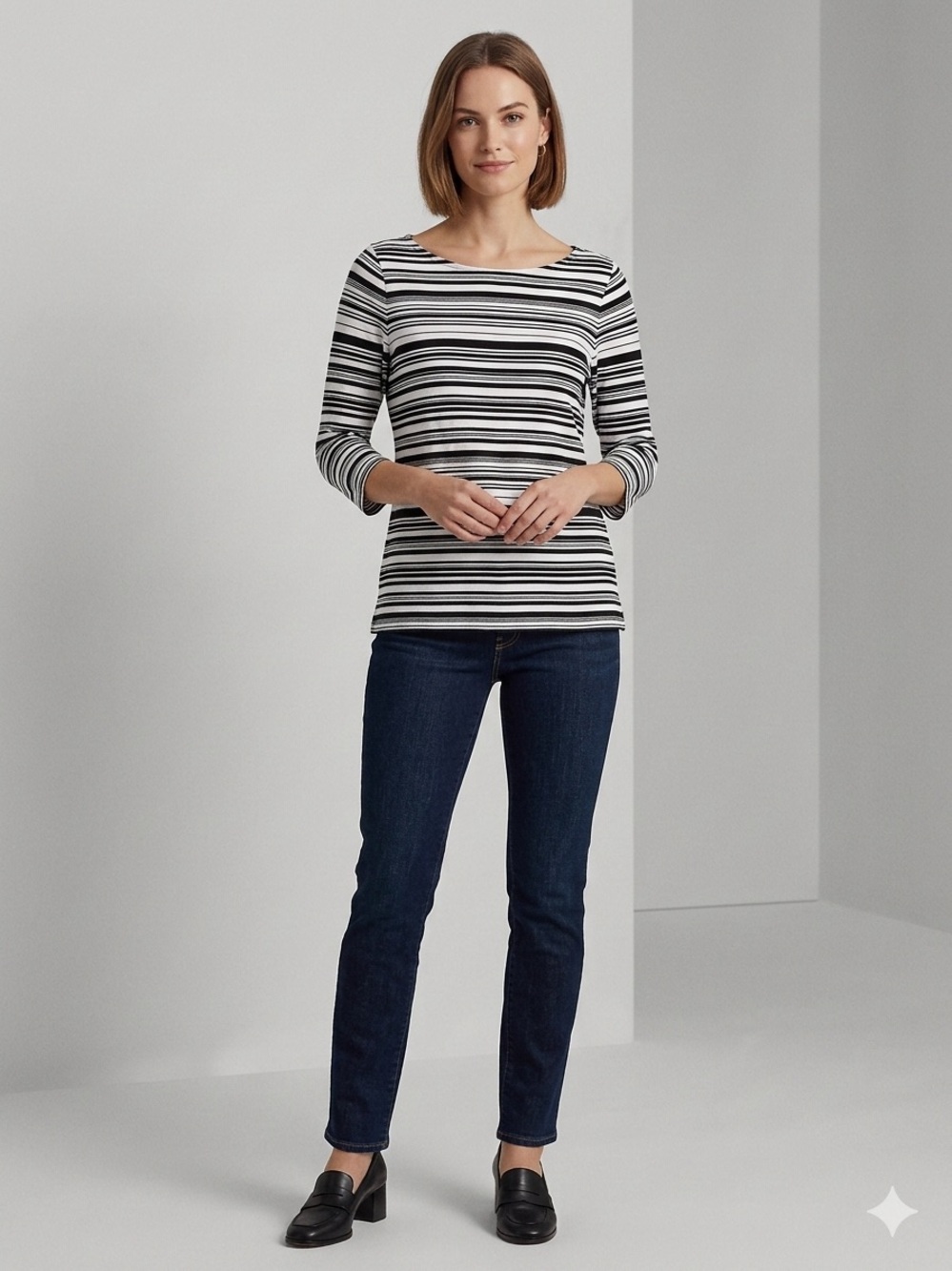 NWOT Lauren Ralph Lauren Black and White Striped Long Sleeve Boatneck Top XL